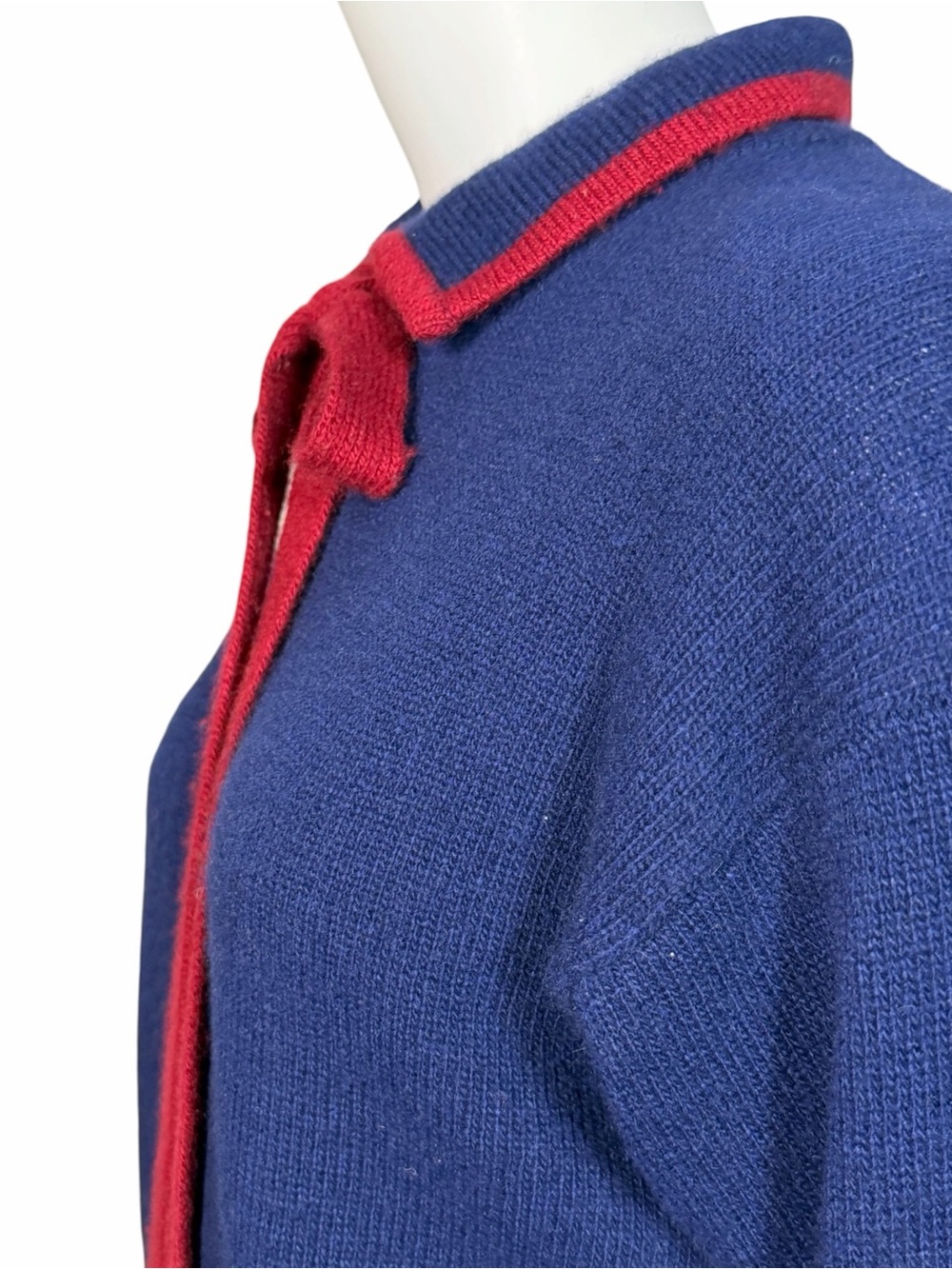 Vintage Neiman Marcus Sweater Navy Red Bow Collar Knit Soft Luxury S - Picture 6 of 8